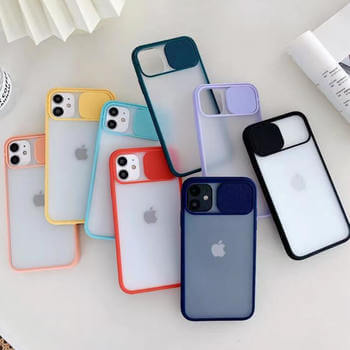 Silikonový ochranný obal s posuvným krytem na fotoaparát pre Apple iPhone 12 mini - tmavo modrý