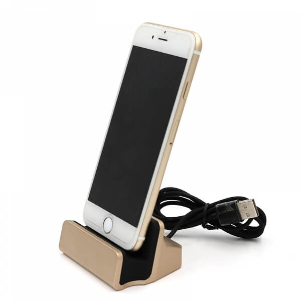 Hliníkový stojan a dokovacia stanica s Lightning konektorom pre Apple iPhone zlatý