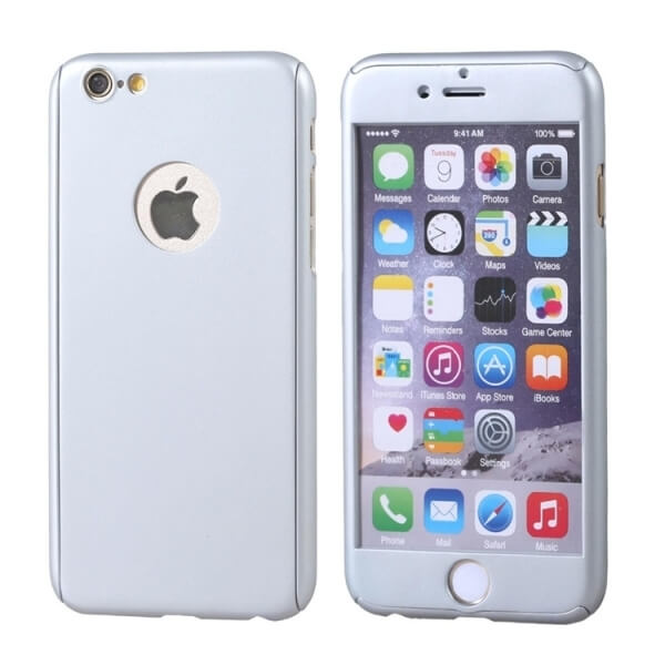 Ochranný 360° celotelový plastový kryt s ochranným sklom pre Apple iPhone 6/6S - strieborný
