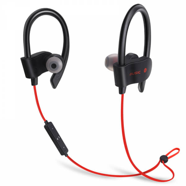 Bezdrôtová Bluetooth športové slúchadlá s ovládaním a hákom za uši - červená