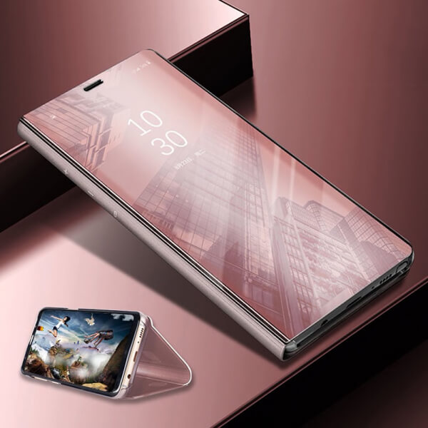 Zrkadlový plastový flip obal pre Huawei Y6 2019 - ružový