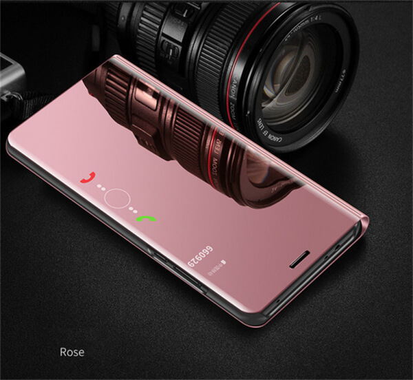 Zrkadlový plastový flip obal pre Xiaomi Redmi Note 8 - ružový