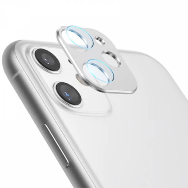 2v1 Ochranný hliníkový rámček a ochranné sklo na zadnú kameru pre Apple iPhone 11 - strieborný