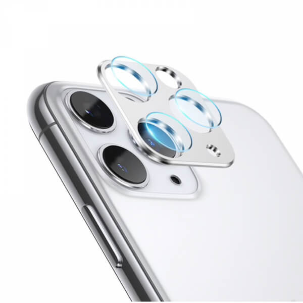 2v1 Ochranný hliníkový rámček a ochranné sklo na zadnú kameru pre Apple iPhone 11 Pro Max - strieborný