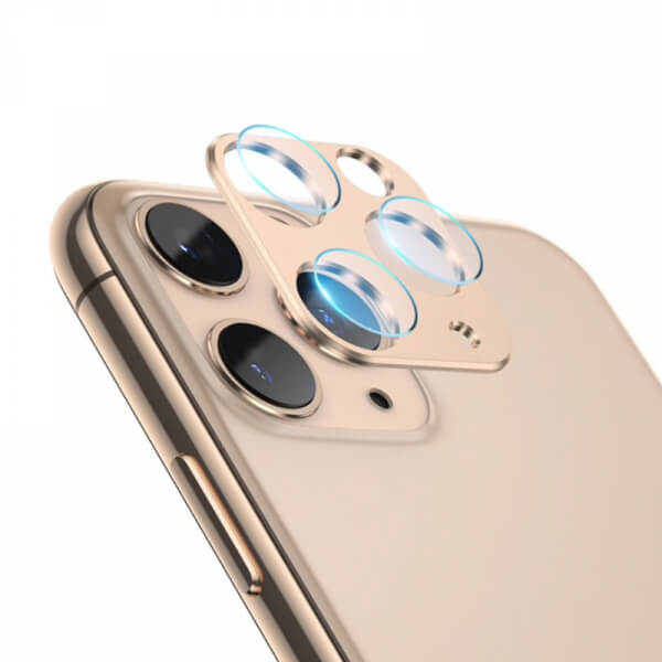 2v1 Ochranný hliníkový rámček a ochranné sklo na zadnú kameru pre Apple iPhone 11 Pro Max - zlatý