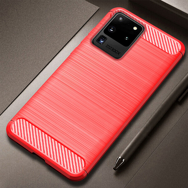 SES Ochranný silikónový obal karbón pre Samsung Galaxy S20 Ultra G988F - červený 6606