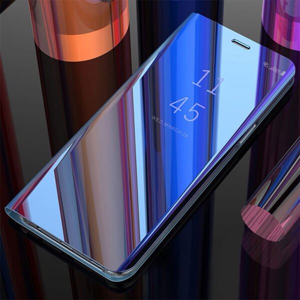 Zrkadlový plastový flip obal pre Xiaomi Redmi Note 9 - modrý
