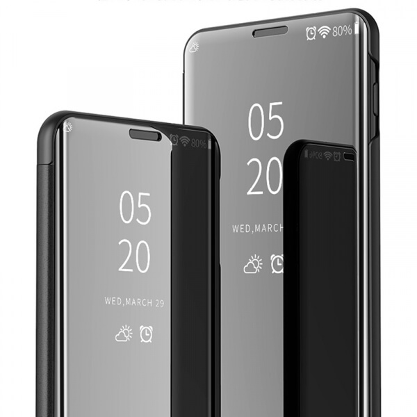Zrkadlový plastový flip obal pre Samsung Galaxy Note 10 Lite - čierny