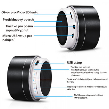 Hliníkový Bluetooth prenosný LED reproduktor - čierny