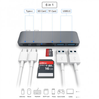 6v1 Redukcia z USB-C na USB Type C, USB3.0, TF, SD karty pre Nový Apple MacBook Pro 13 "15" TouchBar (2016-2019) šedá