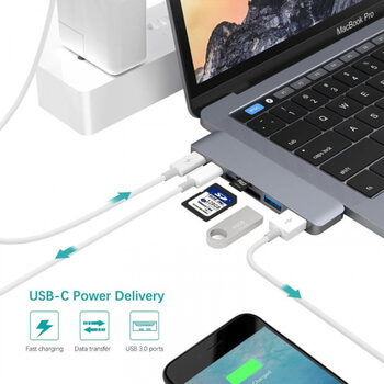 6v1 Redukcia z USB-C na USB Type C, USB3.0, TF, SD karty pre Nový Apple MacBook Pro 13 &quot;15&quot; TouchBar (2016-2019) strieborná