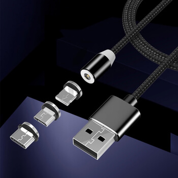 3v1 LED USB nabíjací kábel s magnetickými koncovkami Lightning/Micro USB/Type C - čierny