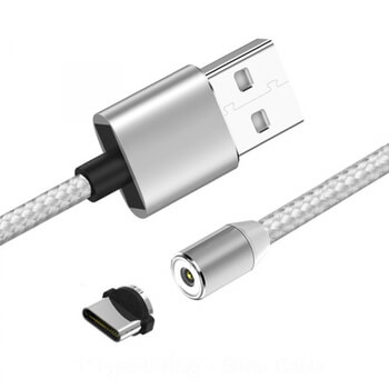 3v1 LED USB nabíjací kábel s magnetickými koncovkami Lightning/Micro USB/Type C - strieborný