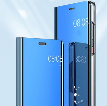 Zrkadlový plastový flip obal pre Huawei Y7 2019 - modrý