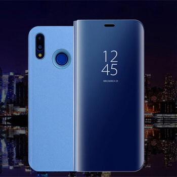 Zrkadlový plastový flip obal pre Huawei Y7 2019 - modrý