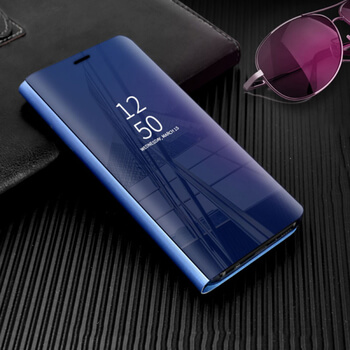 Zrkadlový plastový flip obal pre Huawei P30 Lite - modrý
