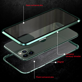Ochranný kryt s hliníkovým magnetickým rámčekom a ochranným sklom pre Apple iPhone 11 - strieborný
