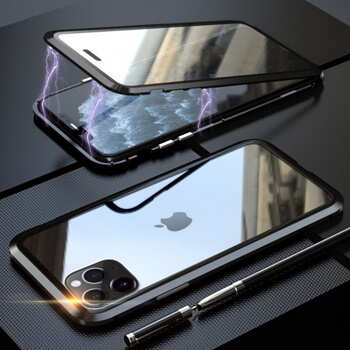 Ochranný kryt s hliníkovým magnetickým rámčekom a ochranným sklom pre Apple iPhone 11 Pro Max - čierny