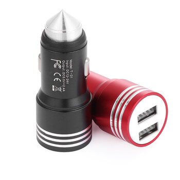 2v1 USB dvojitá hliníková nabíjačka do auta pre mobilné telefóny, tablety, navigácia a ďalšie - červená