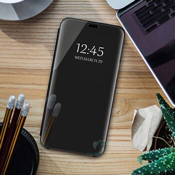 Zrkadlový silikónový flip obal pre Xiaomi Redmi 9C - čierny