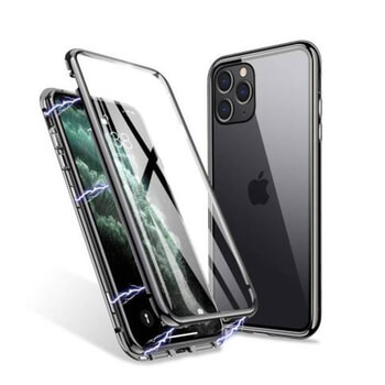 Ochranný kryt s hliníkovým magnetickým rámčekom a ochranným sklom pre Apple iPhone 11 Pro Max - strieborný