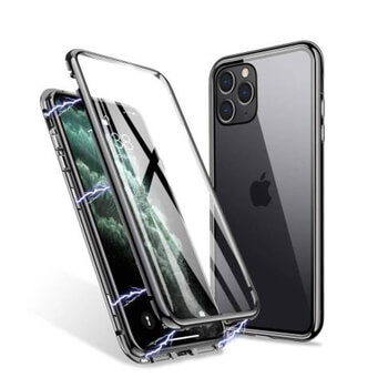 Ochranný kryt s hliníkovým magnetickým rámčekom a ochranným sklom pre Apple iPhone 11 Pro - strieborný