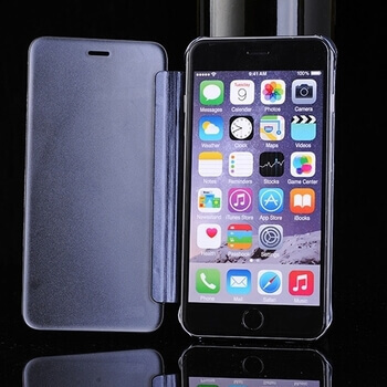 Zrkadlový plastový flip obal pre Apple iPhone SE (2022) - čierny