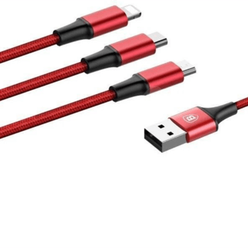 Multifunkční kabel 3v1 s konektory Micro USB, USB-C a Lightning - červený