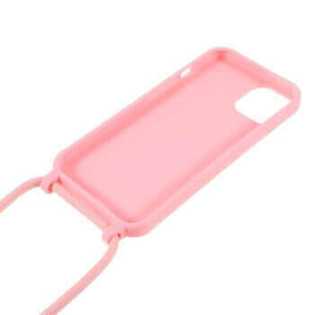 Gumový ochranný kryt so šnúrkou na krk pre Apple iPhone SE (2022) - svetlo ružový