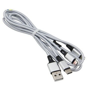 Multifunkční kabel 3v1 s konektory Micro USB, USB-C a Lightning - strieborný