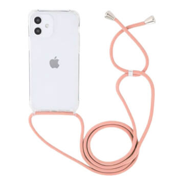 Priehľadný silikónový ochranný kryt so šnúrkou na krk pre Apple iPhone 12 Pro - ružová