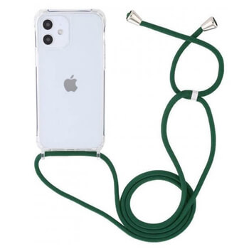 Priehľadný silikónový ochranný kryt so šnúrkou na krk pre Apple iPhone 14 Plus - tmavo zelená