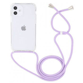 Priehľadný silikónový ochranný kryt so šnúrkou na krk pre Apple iPhone 15 Plus - svetlo fialova
