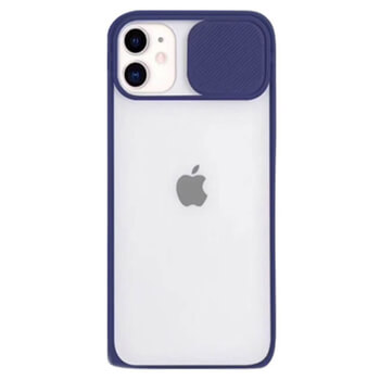Silikonový ochranný obal s posuvným krytem na fotoaparát pre Apple iPhone 14 Plus - tmavo modrý