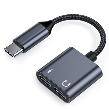 2v1 Dvojitá redukcia a adaptér pre nabíjanie a slúchadlá double USB Type C čierna