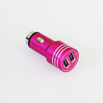 2v1 USB dvojitá hliníková nabíjačka do auta pre mobilné telefóny, tablety, navigácia a ďalšie - ružová