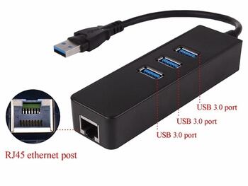 3v1 HUB rozbočovač USB 3.0 3x USB+port pre Ethernet RJ45 - čierny