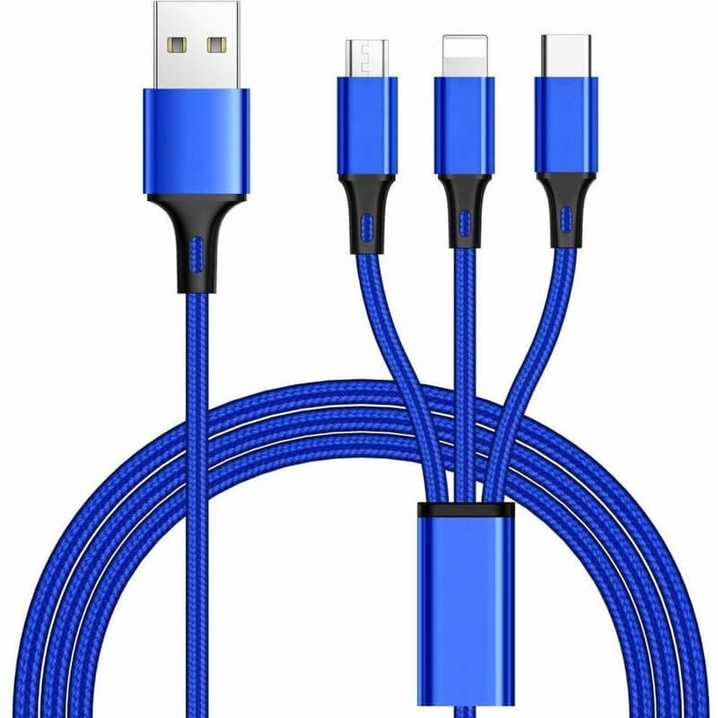Multifunkční kabel 3v1 s konektory Micro USB, USB-C a Lightning - modrý