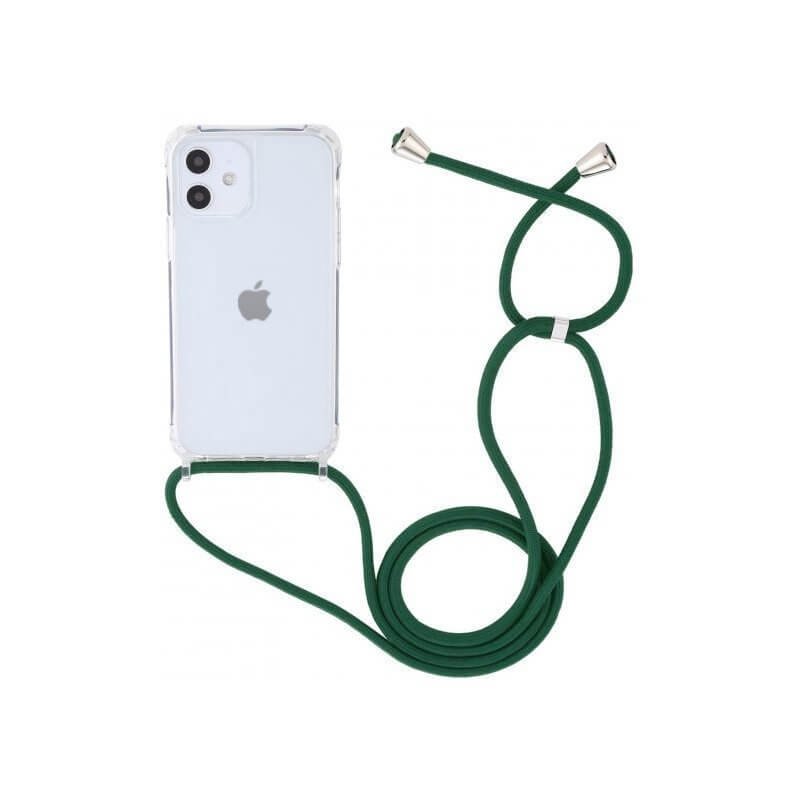 Priehľadný silikónový ochranný kryt so šnúrkou na krk pre Apple iPhone 11 Pro - tmavo zelená