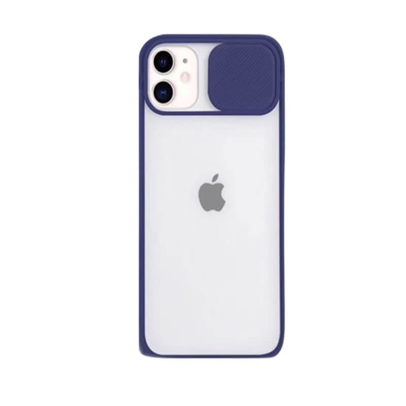 Silikonový ochranný obal s posuvným krytem na fotoaparát pre Apple iPhone 13 mini - tmavo modrý