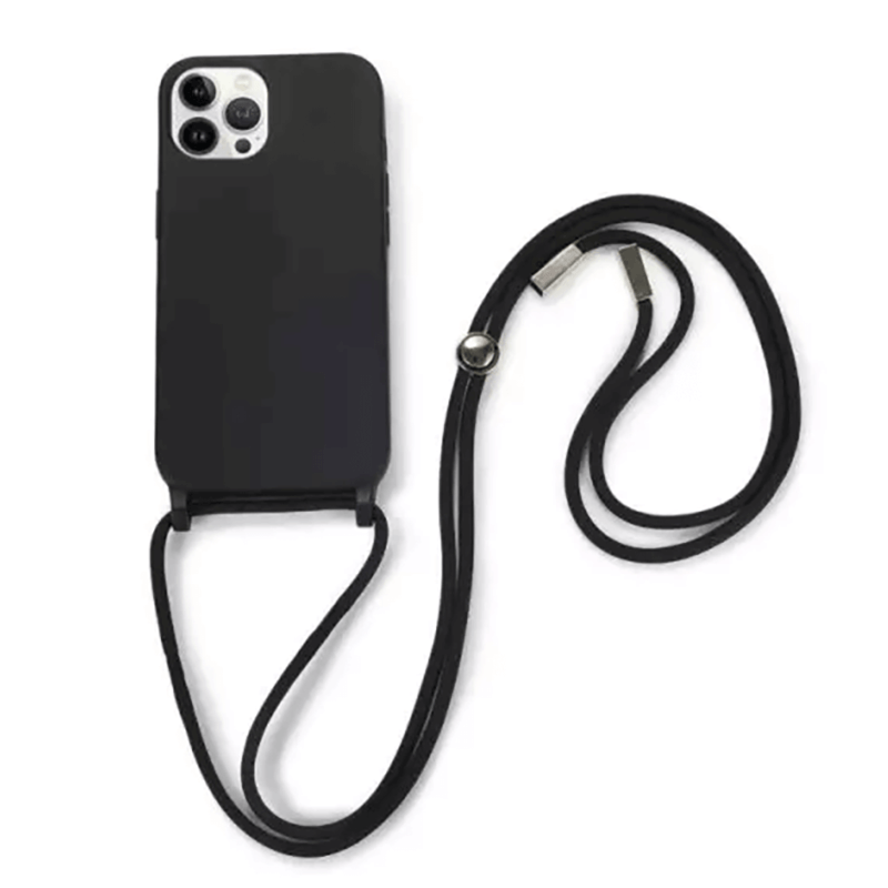 Gumový ochranný kryt so šnúrkou na krk pre Apple iPhone 13 - čierny