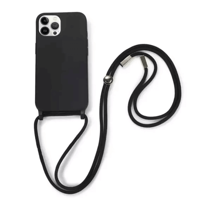 SES Gumový ochranný kryt so šnúrkou na krk pre Apple iPhone 14 Pro Max - čierna 11926