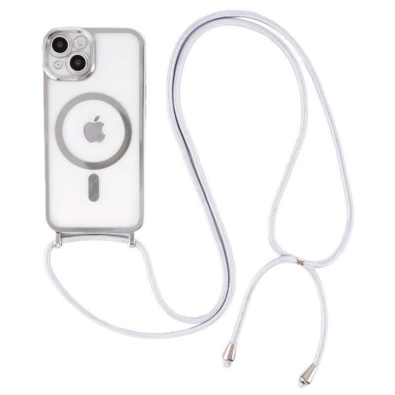 MagSafe silikónový kryt so šnúrkou pre Apple iPhone 16 Plus - strieborný