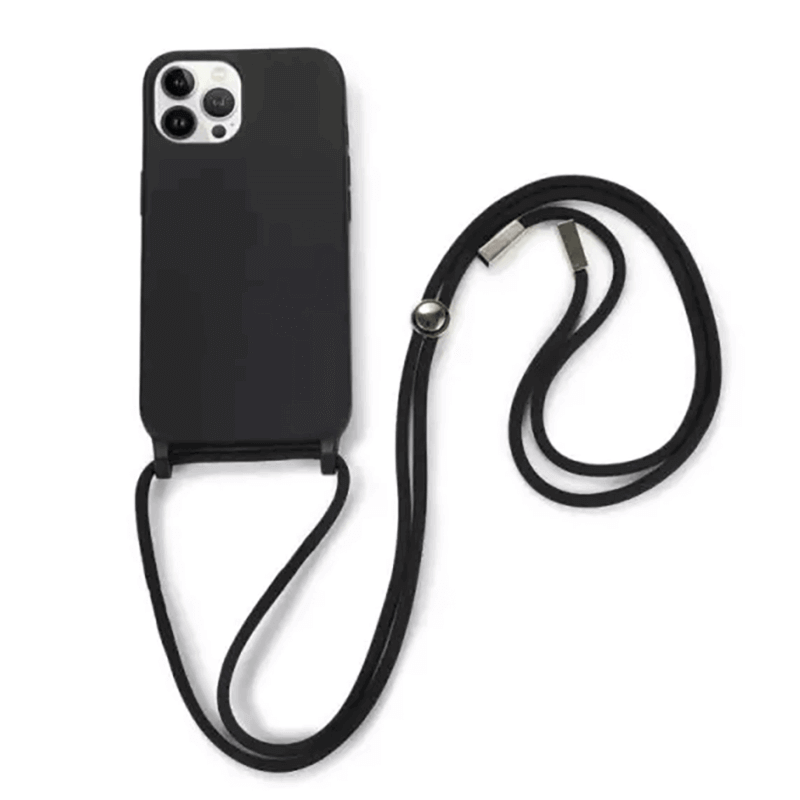 Gumový ochranný kryt so šnúrkou na krk pre Apple iPhone 16 Plus - čierny